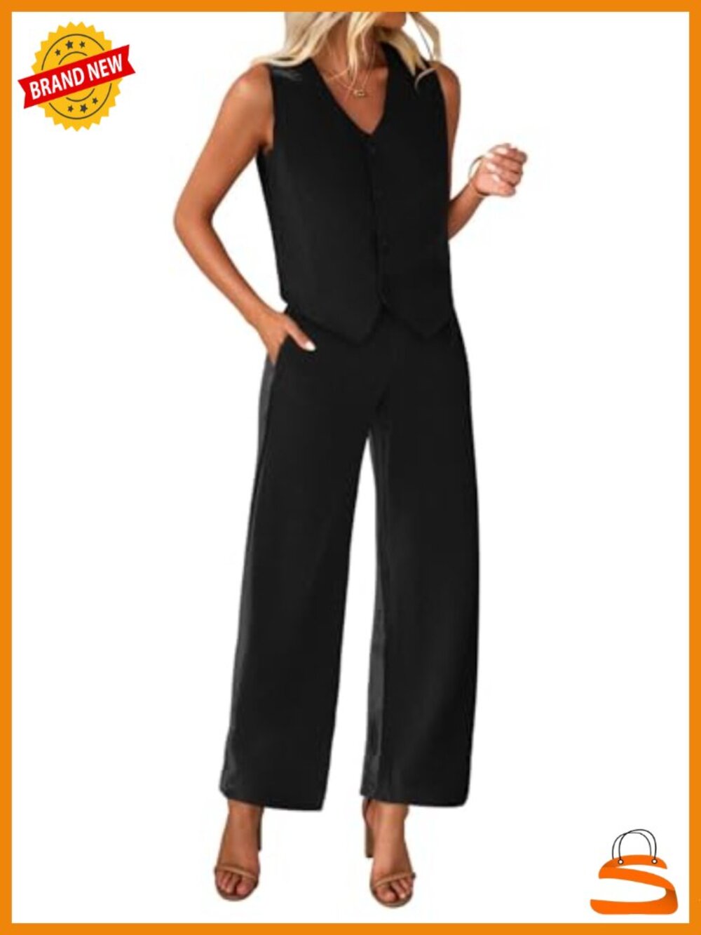 KIRUNDO 2 Piece Set Women Dressy Work Office V-Neck Vest Wide Leg Pants